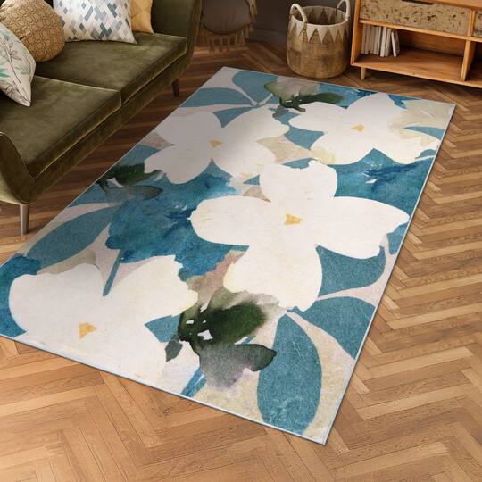 Empire Art Direct Peach 5ft.x 7.5ft. Teal Floral Washable Flowers Area Rug